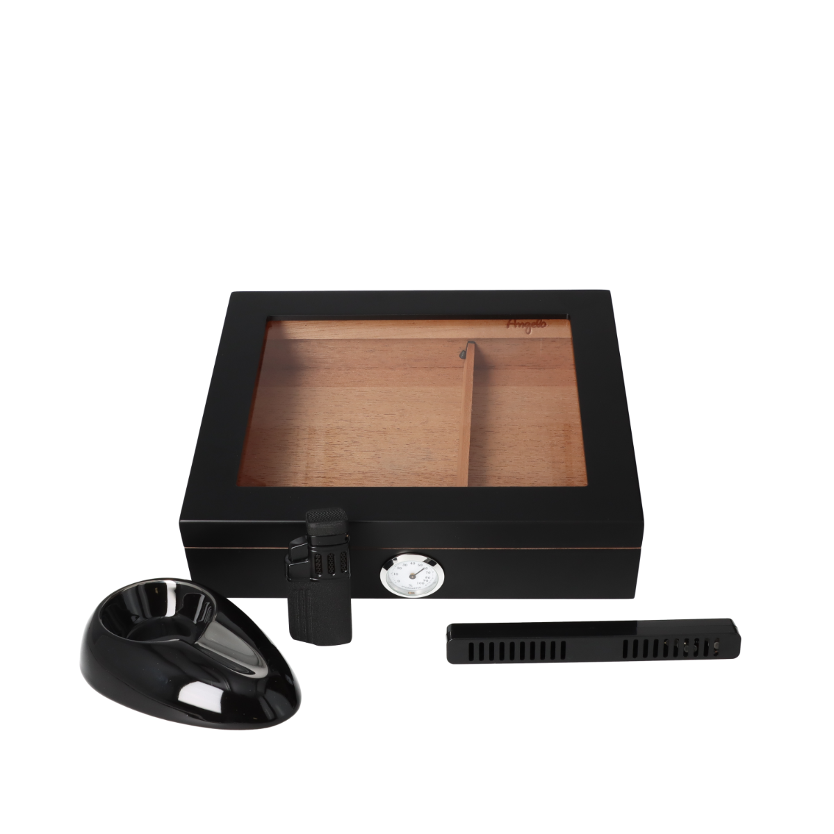 Angelo Humidor Giftset Zwart incl asbak/aanst/hygrometer - complete cadeauset met humidor en accessoires