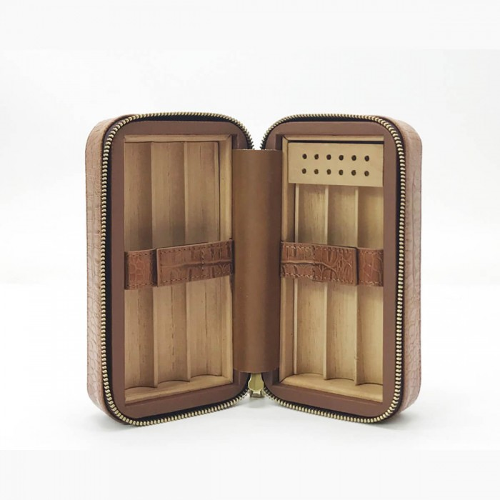 Travel Humidor Leer Bruin 6 sigaren - binnenaanzicht met cederen compartimenten