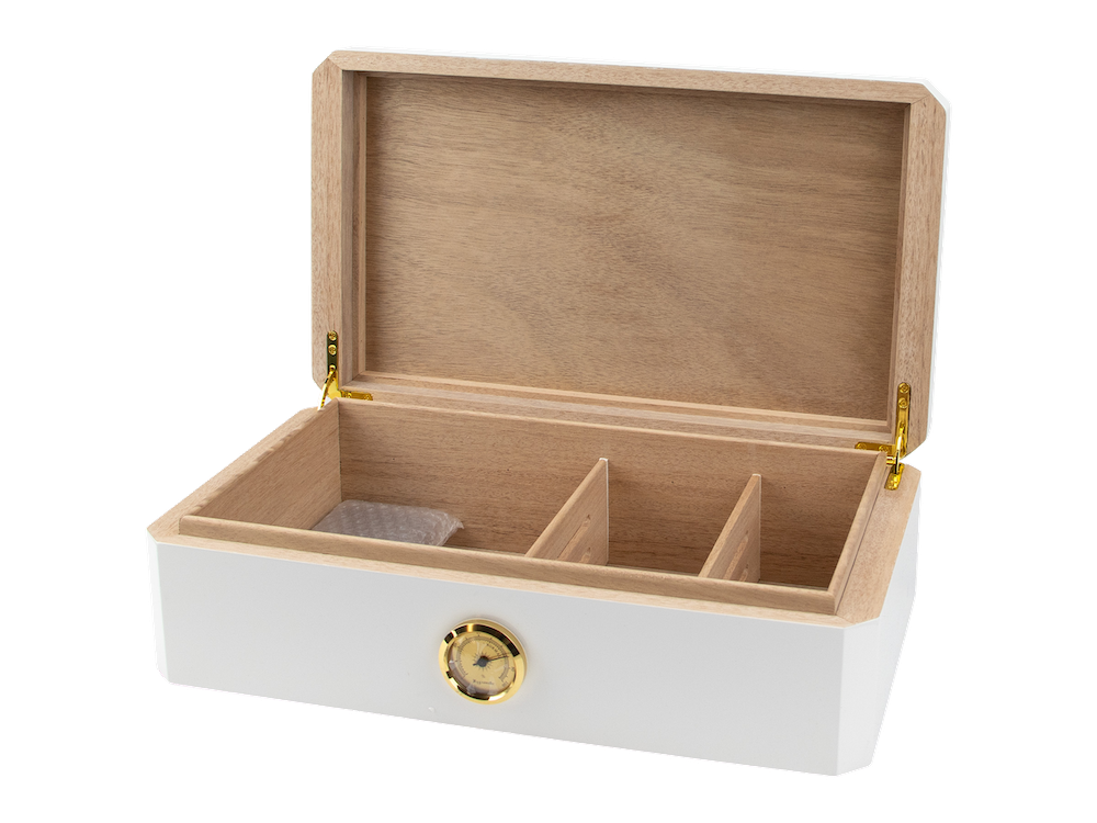 Humidor White Shiny Finish Brown Leather - detail leren accent en sluiting