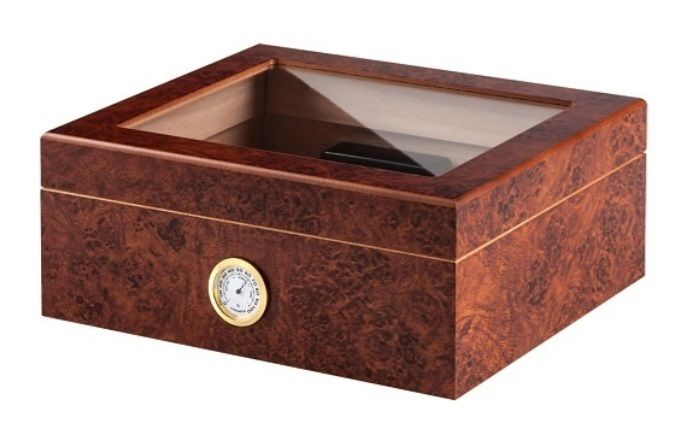Humidor met glas bruin 26x22x11cm - vooraanzicht bruine humidor met glazen deksel