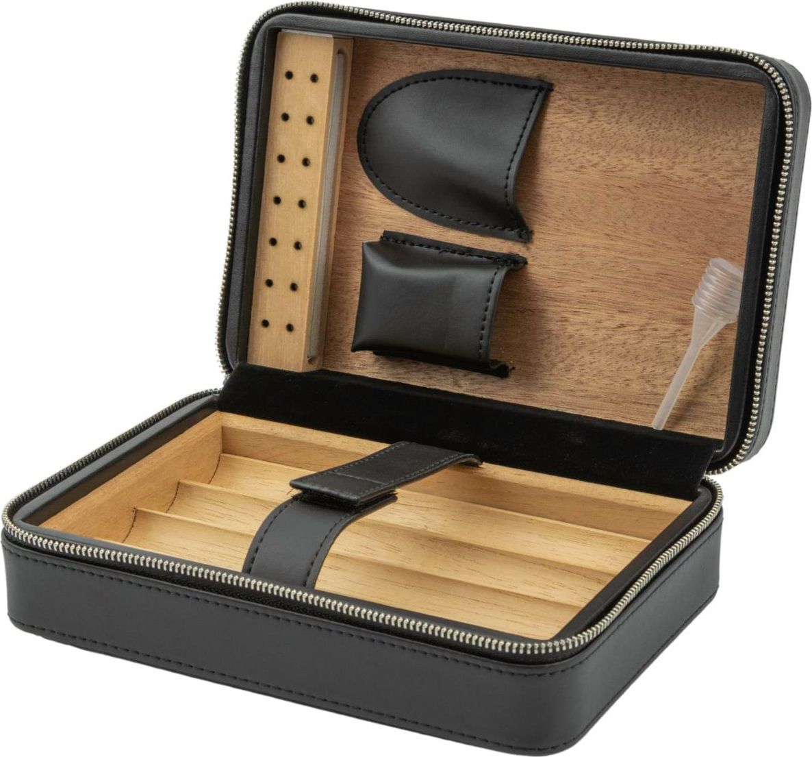 Travelhumidor Passetore Leder Zwart (5 sigaren) - binnenaanzicht met cederhout bekleding en sigarenhouders