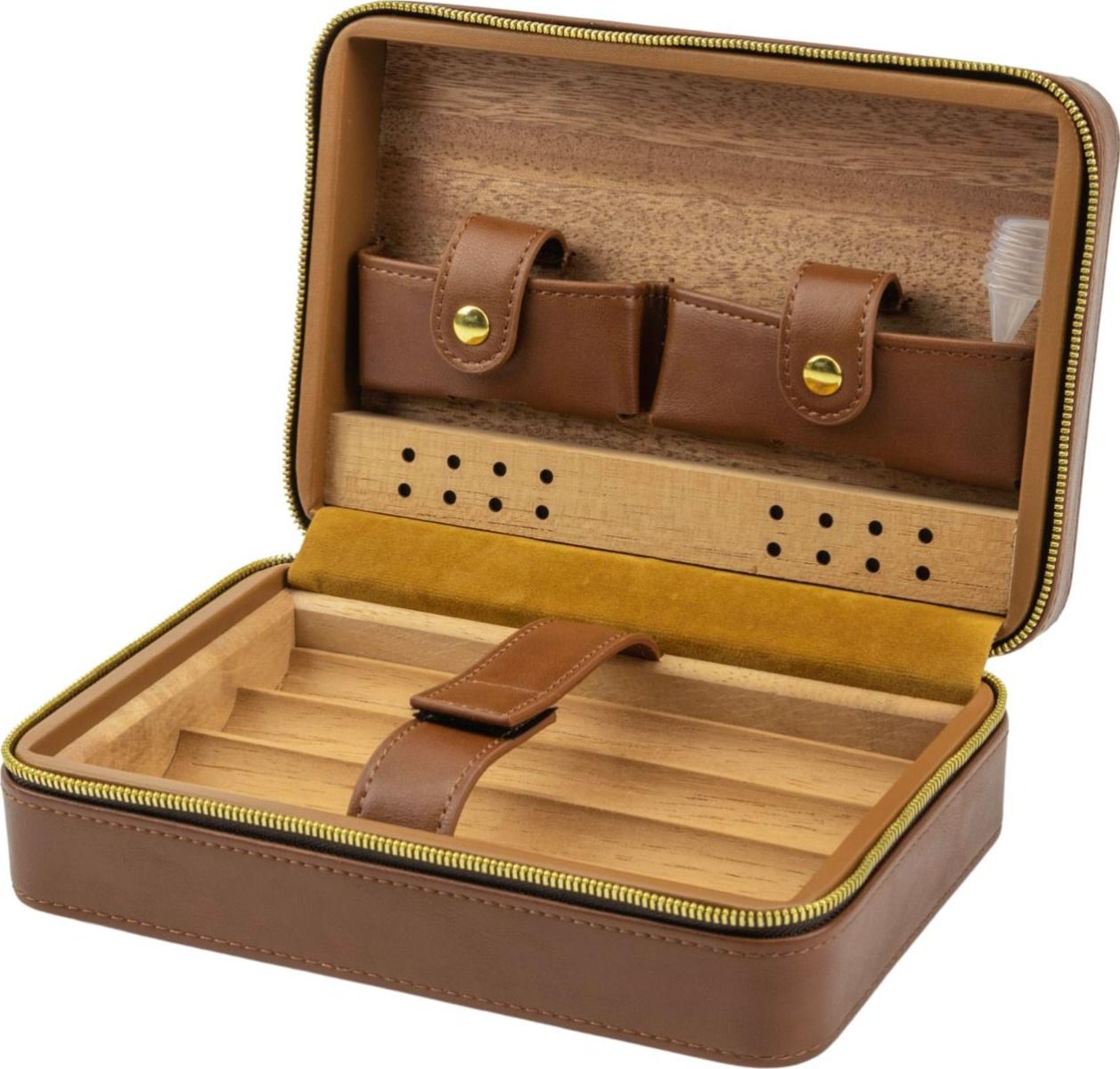 TravelHumidor Passetore Leder Bruin (5 sigaren) - binnenaanzicht met cederhout bekleding