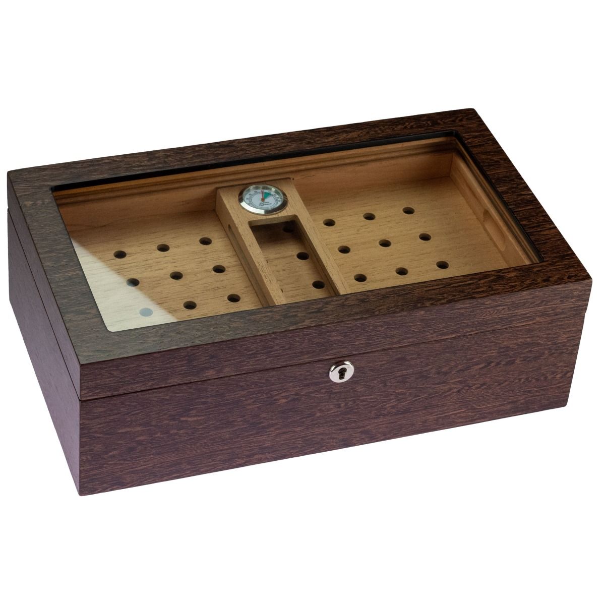 Humidor glasstop/veneer full wood matt 50 sig. - vooraanzicht houten humidor met glazen deksel en fineer afwerking