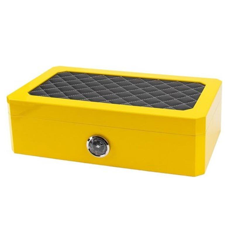 Humidor Yellow Shiny Finish Black Leather - vooraanzicht gele hoogglans humidor met zwart leer