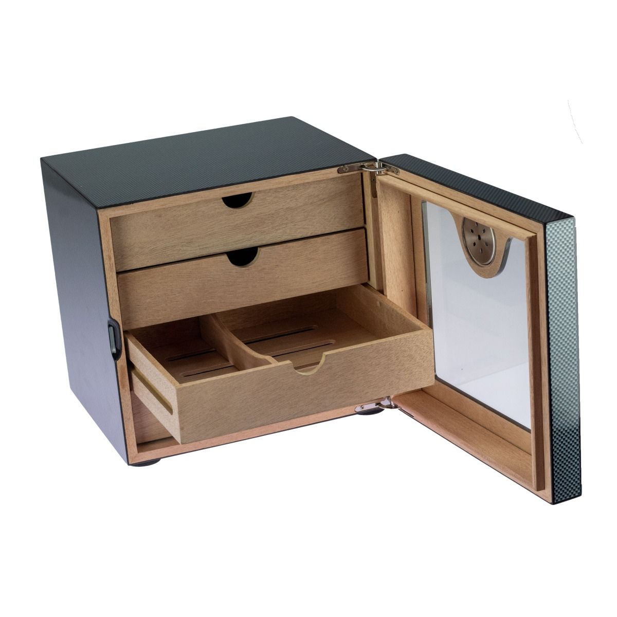 Humidor Cabinet carbon 4drawers hi-gloss 80 sig. - binnenaanzicht met geopende laden en cederhout