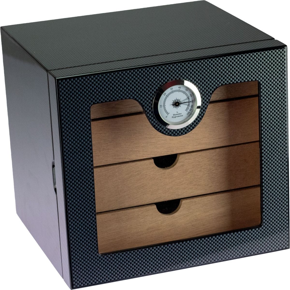 Humidor Cabinet carbon 4drawers hi-gloss 80 sig. - vooraanzicht carbon kabinet humidor met 4 laden