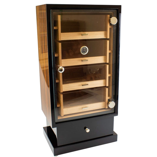 Humidor Kabinet Ebony Wood + LED voor 180 sig. - vooraanzicht grote ebbenhout kabinet humidor met LED verlichting