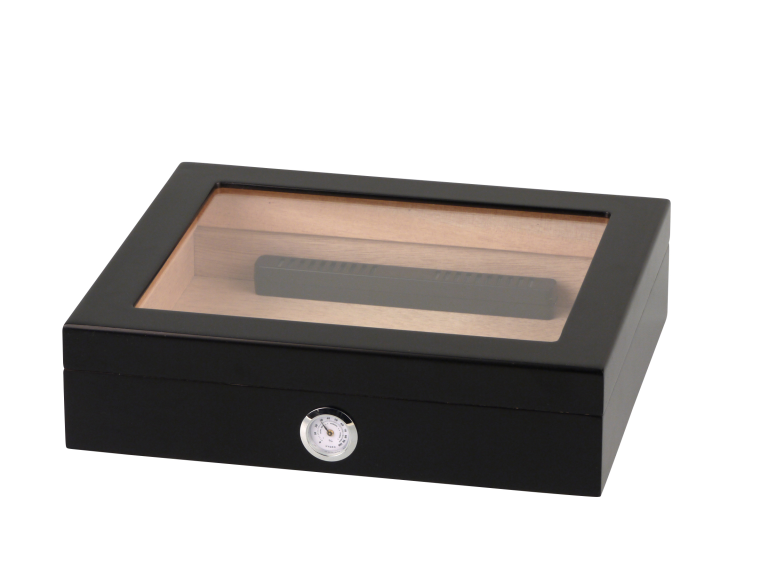 Humidor met glas zwart 25 sigaren - vooraanzicht zwarte humidor met glazen deksel