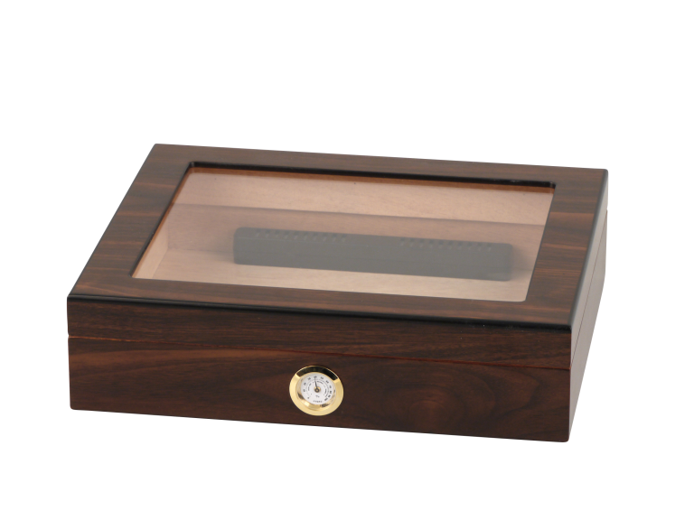 Humidor met glas bruin 25 sigaren - vooraanzicht bruine humidor met glazen deksel