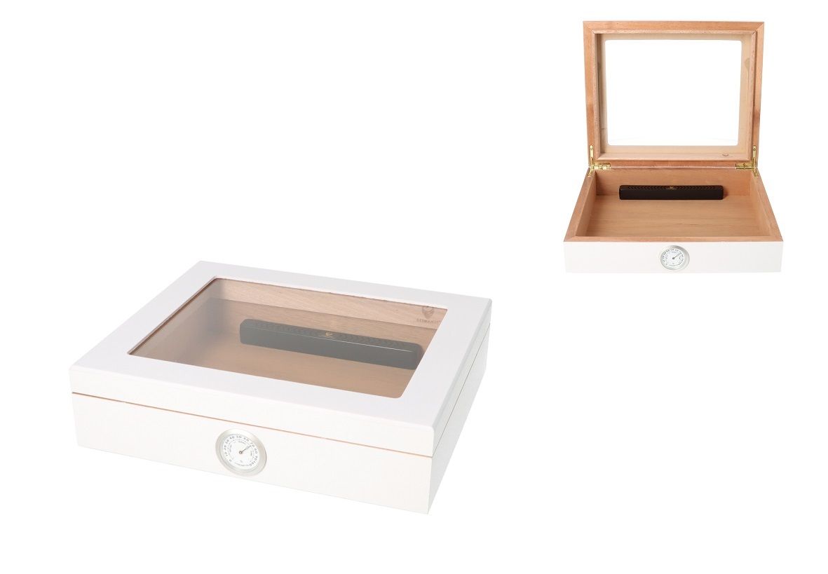 Angelo Humidor Mesalla White Glasstop 26x22.3x6,1cm - vooraanzicht witte humidor met glazen deksel