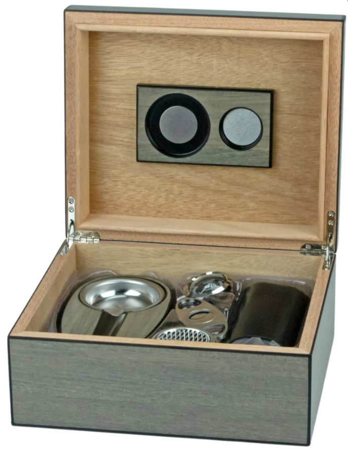 Humidor Giftset Grey + Asbak + Knipper + Koker - vooraanzicht productfoto