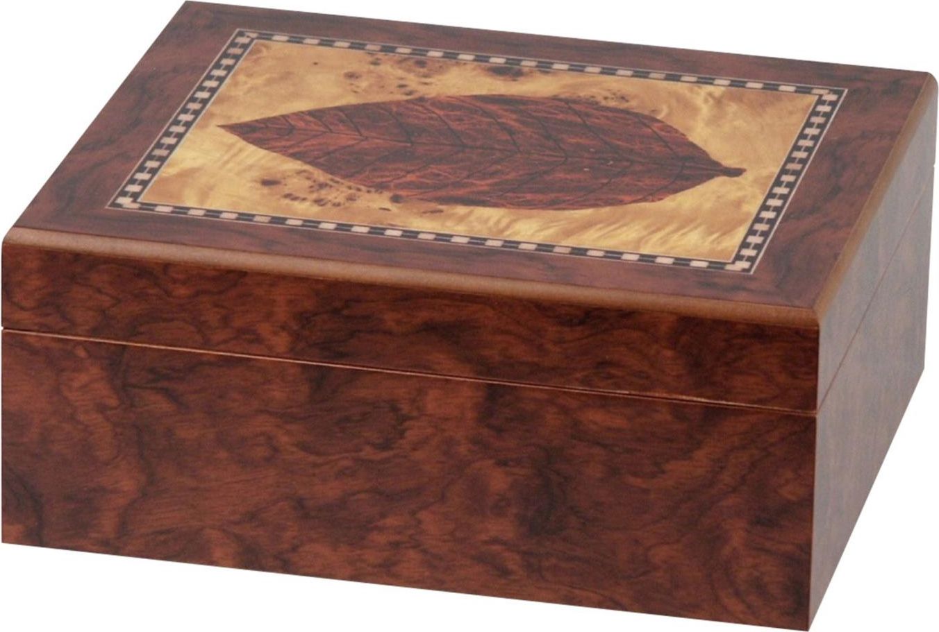Humidor Tobacco Leaf 50 sigaren - vooraanzicht met tabaksbladmotief