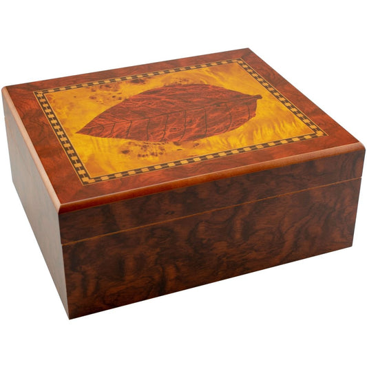 Humidor Tabacco Leaf v. 25 sig. - vooraanzicht humidor met tabaksblad decoratie