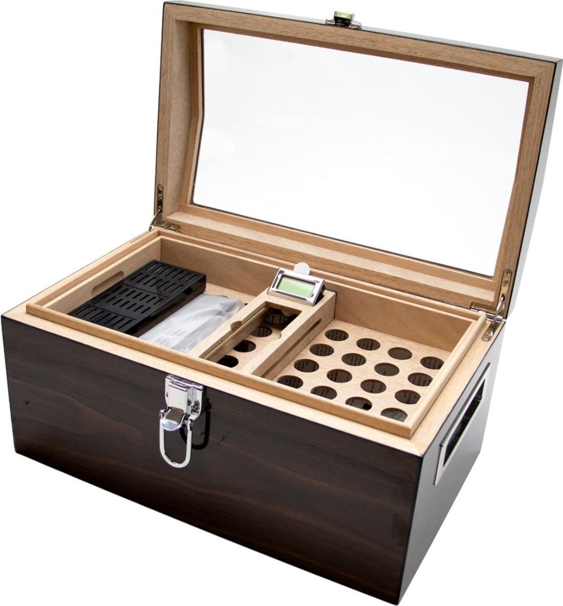 Humidor Ebony Hi-Gloss - binnenaanzicht met cederhout en glazen deksel