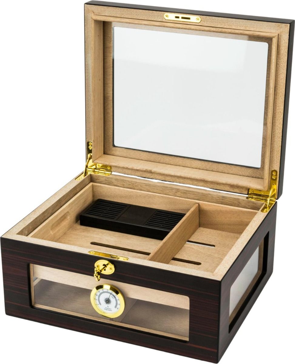 Humidor Ebony mat glazen deksel voor ca.40 sig. - vooraanzicht donker ebbenhout humidor met glazen deksel