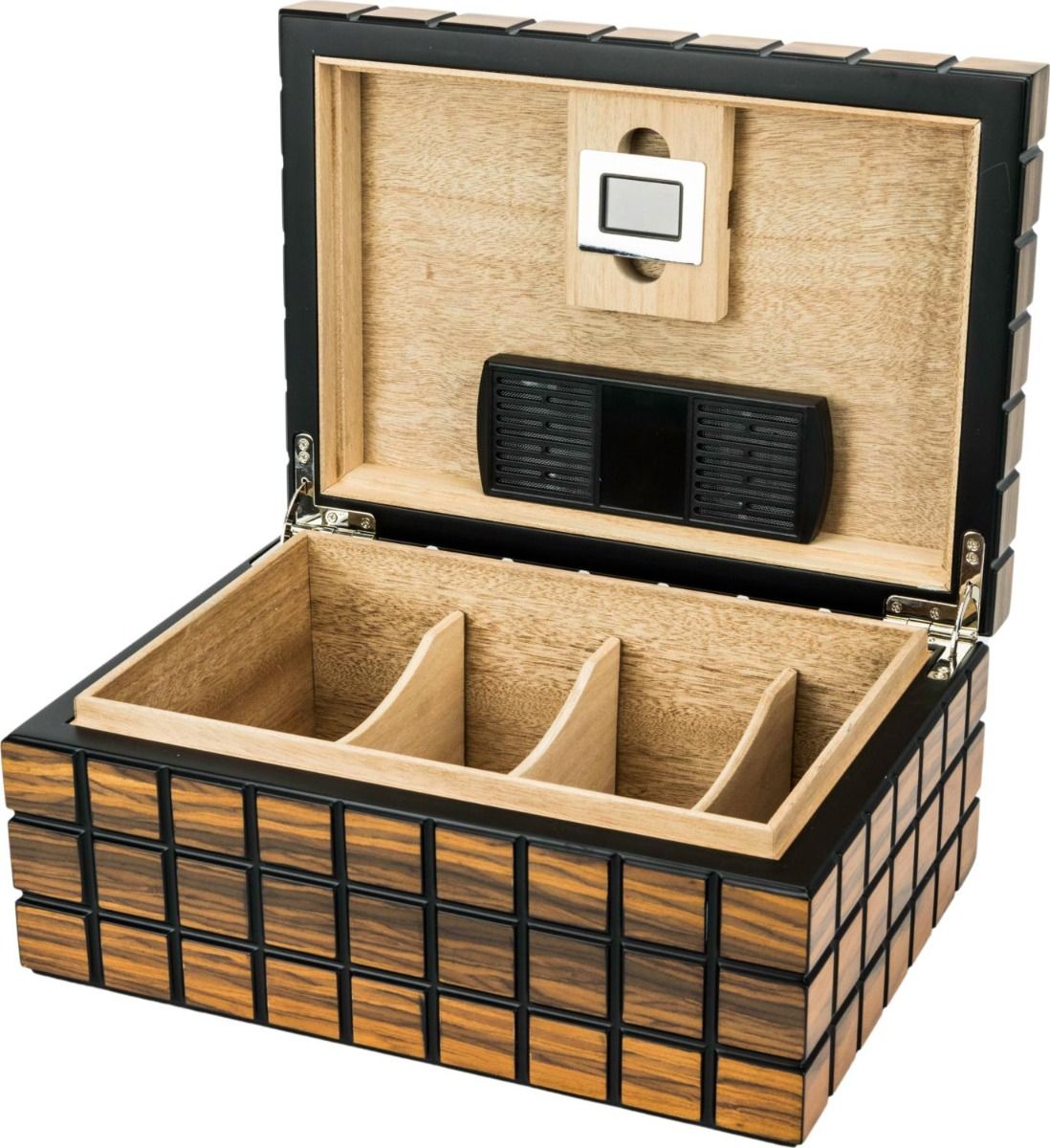 Passetore Humidor Black/Makassar voor ca. 40 sig. - vooraanzicht zwart met Makassar hout accenten