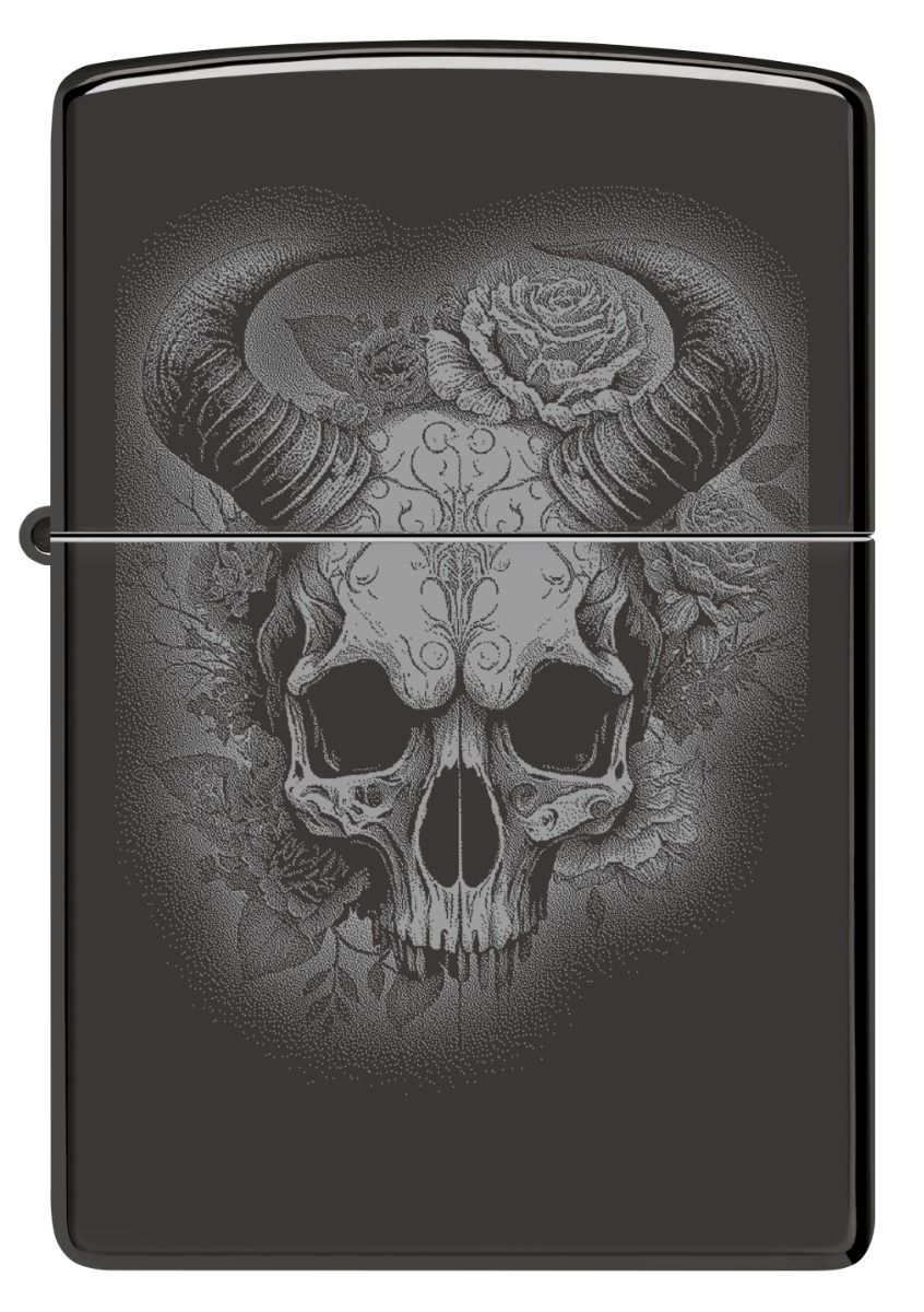 Zippo Aansteker 24756 Flower Skull with horns design - achteraanzicht