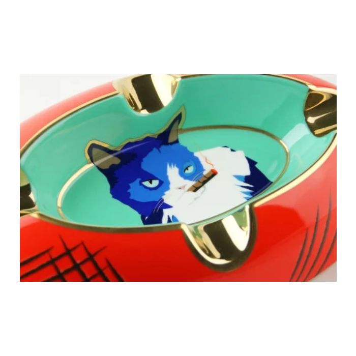 Siglo Cat Ashtray Blue/Red - zijaanzicht