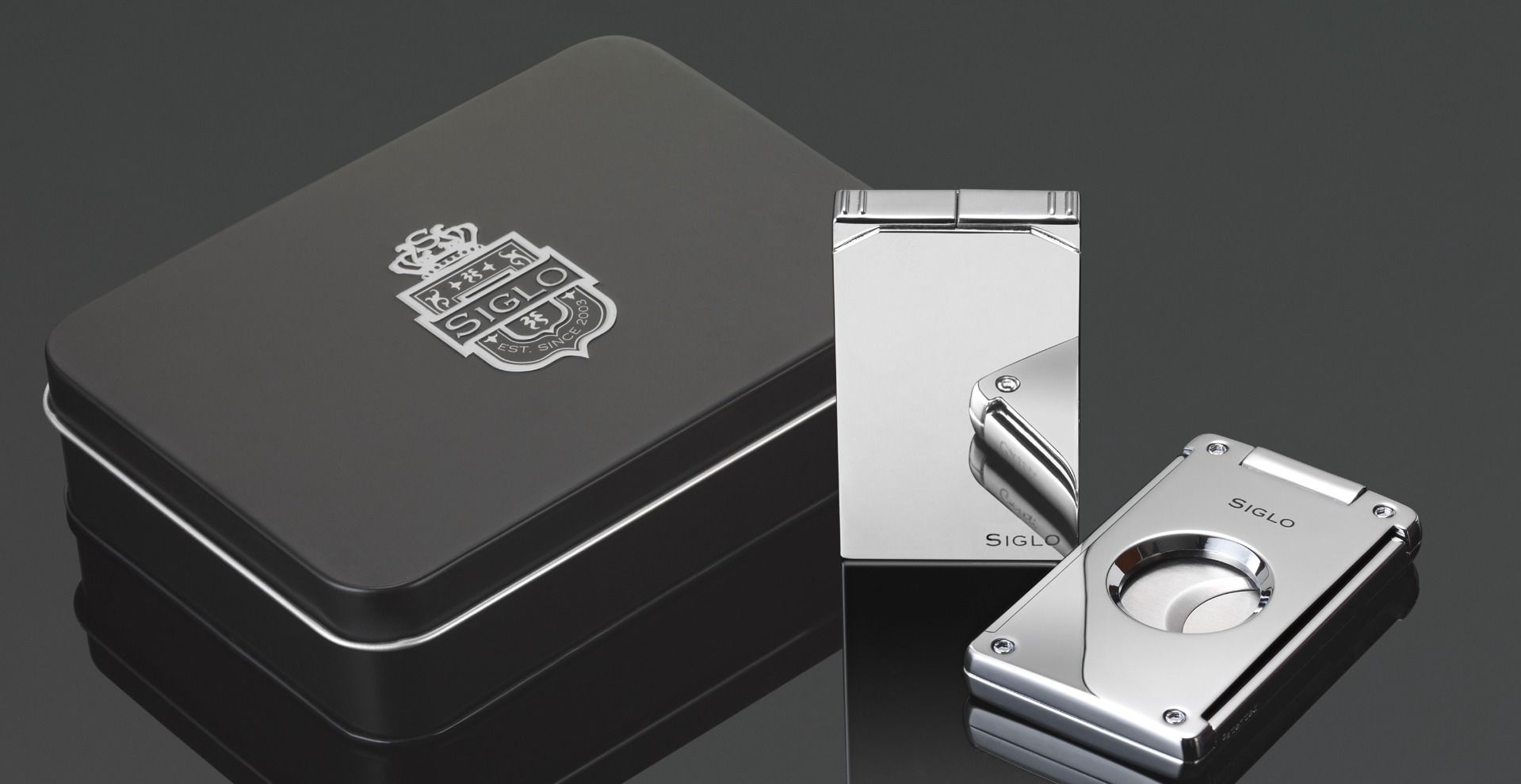 Siglo - Lighter & Cutter Set - Shiny Chrome - in geschenkverpakking