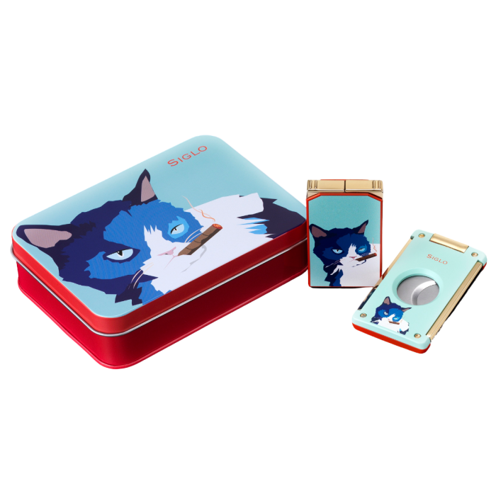 Siglo Cat Lighter & Cutter Set Blue/Red - set in geschenkdoos