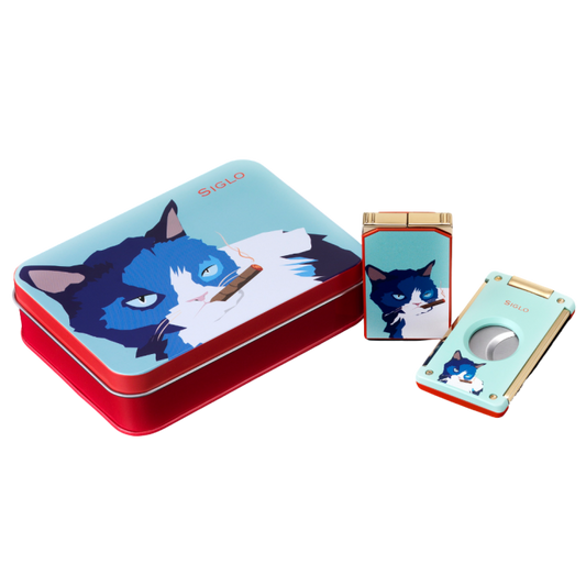 Siglo Cat Lighter & Cutter Set Blue/Red - set in geschenkdoos