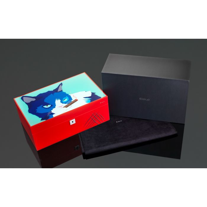Siglo Cat Humidor Blue/Red - detail zijkant