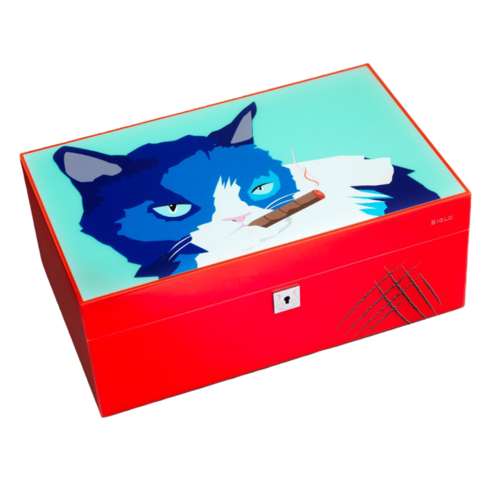 Siglo Cat Humidor Blue/Red - bovenaanzicht met kattenmotief