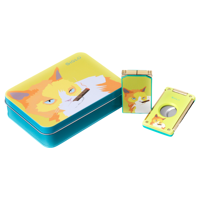 Siglo Cat Lighter & Cutter Set Yellow/Green - vooraanzicht in geschenkdoos