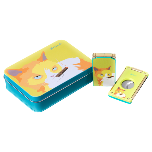Siglo Cat Lighter & Cutter Set Yellow/Green - vooraanzicht in geschenkdoos