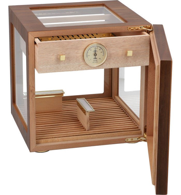 Adorini Cube Deluxe Humidor Walnut - bovenaanzicht met hygrometer