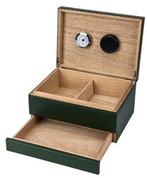 Humidor met lade, imitatieleer groen voor ongeveer 25 sig. - binnenaanzicht met lade en cederhout bekleding