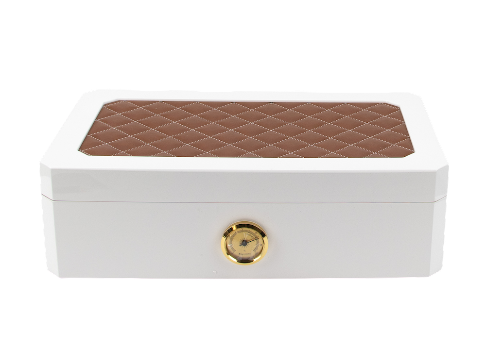 Humidor White Shiny Finish Brown Leather - vooraanzicht productfoto