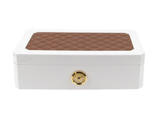Humidor White Shiny Finish Brown Leather - vooraanzicht productfoto