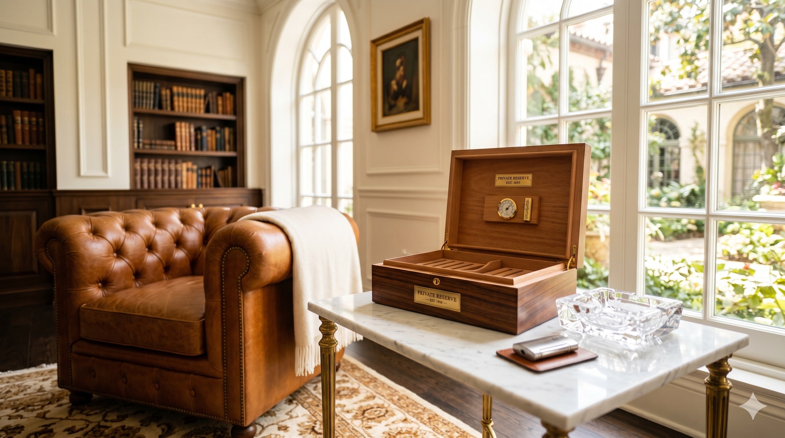 Premium rookaccessoires - humidor, kristallen asbak en aansteker in stijlvolle lounge setting | Huize van Lookeren