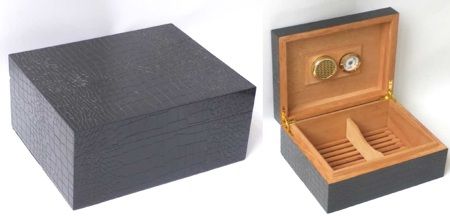 Humidor Croco Black High Gloss Finish - vooraanzicht zwarte krokodillenleer look humidor met hoogglans afwerking