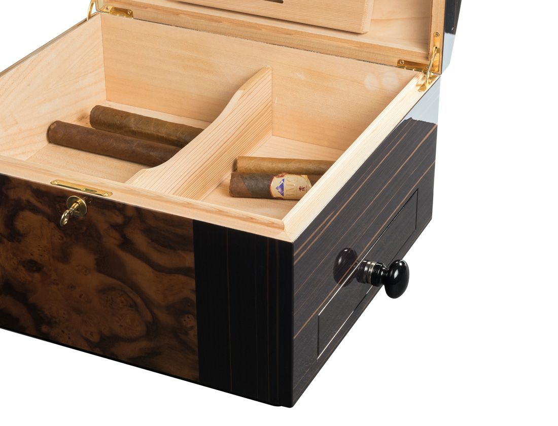 Morici Roma Cigar Trunk Ebony Wood - binnenaanzicht met lade